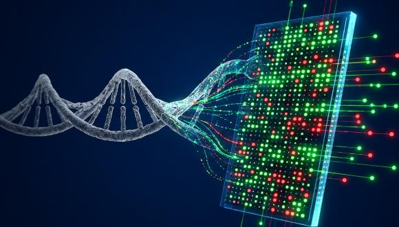 המחשה של השיטה: DNA חופשי מהדם עובר דרך חיישן אופטי, המזהה את הדפוס הביולוגי האופייני לגידול.