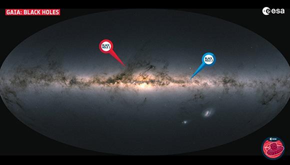 מפה של גלקסיית שביל החלב שבה נמצאת מערכת השמש שהורכבה בעזרת התצפיות של סוכנות החלל האירופאית. המפה מציינת את מיקומם של שני החורים החדשים שהתגלו. BH1 נמצא בקבוצת הכוכבים נושא הנחש ו-BH2 בקבוצת סנטאור.